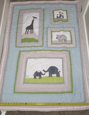Pottery Barn Kids Crib Quilt Set +2 Fitted Sheets Green Pink Blue Safari Blanket - Image 1 of 4