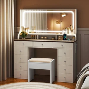 Eitelkeit Schminktisch mit LED-Spiegel Make-up Kosmetiktisch 11 Schubladen 110CM - Bild 1 von 13