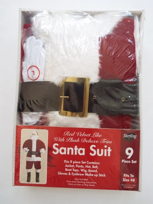 Red Velvet Like Plush Deluxe Trim Christmas Santa Claus Suit 9-pc Men's L/XL - Image 1 of 3