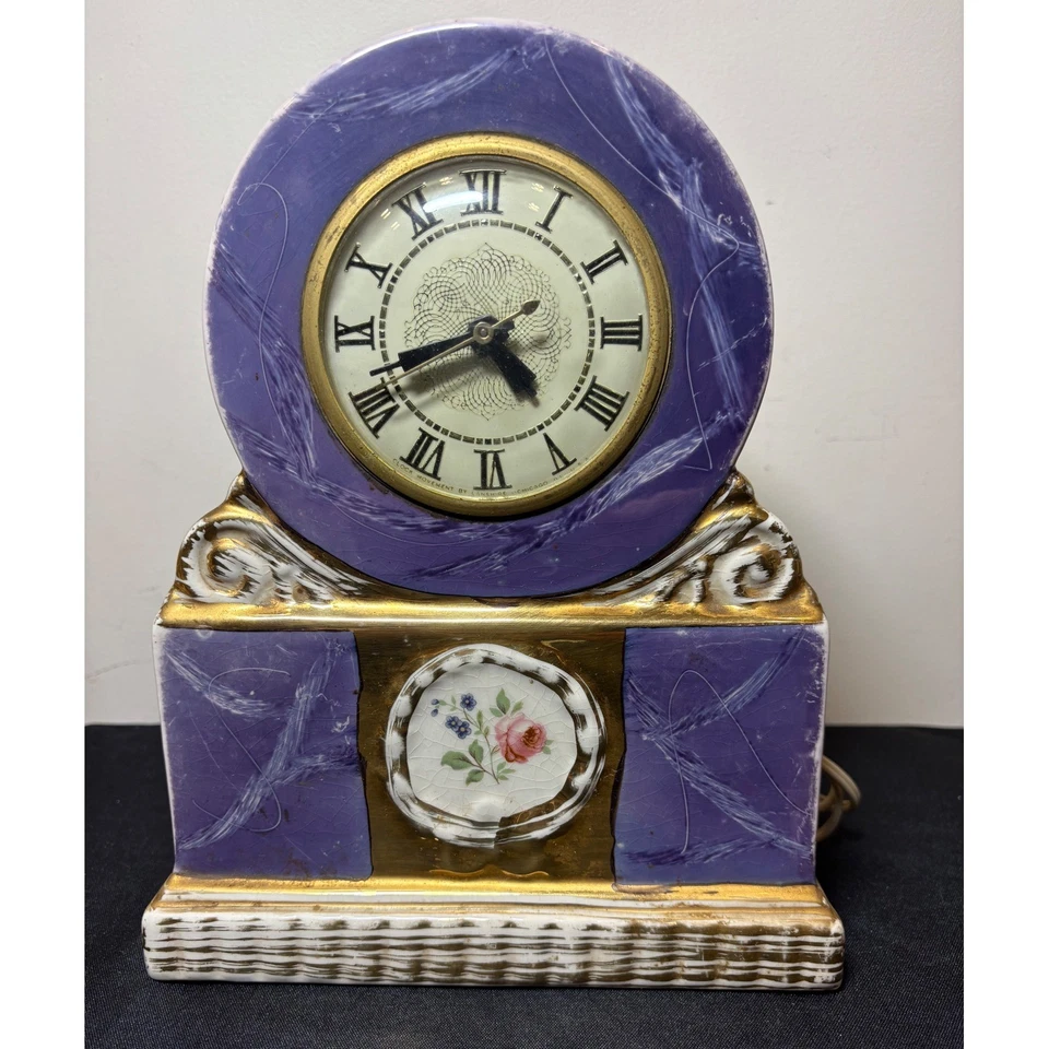 Vintage Omsco Porcelain Mantle Clock Floral Accent  Electric Devereaux READ - Image 1 of 4