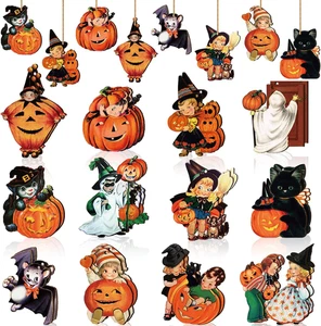24 Pcs Vintage Halloween Ornaments for Tree Decorations Black Cat Pumpkin Wood C - Picture 1 of 12