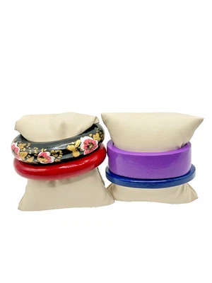 Set Of 4 Painted Wood Cuff Bracelets Floral Black Red Purple Blue Boho Handmade - Image 1 of 4