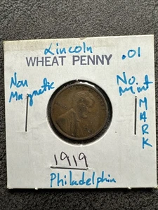 1919 Wheat Penny No Mint Mark. Non Magnetic. Copper. Philadelphia - Picture 1 of 5