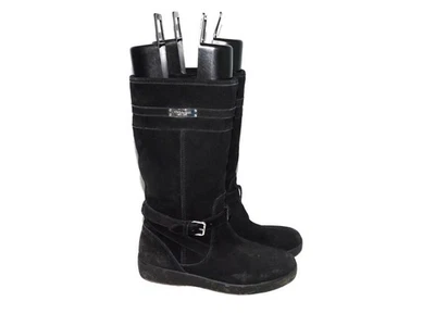 Coach Size 7 B Black Suede Boots Fleece Lined Mid Calf Flat Buckle Detail EU 37 - Image 1 of 4