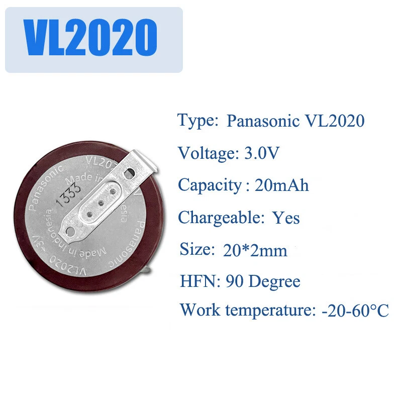 10x New VL2020/HFN Rechargeable Button Coin Battery 3V 90 Degree For Remote Car - Image 1 of 4
