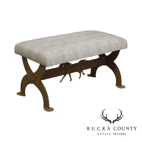 Vintage Weathered Steel X Base Bench With Horse Cover