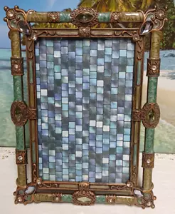 Green Enameled and Jeweled Pewter Metal Picture Frame for 4" X 6" Photo - Picture 1 of 10