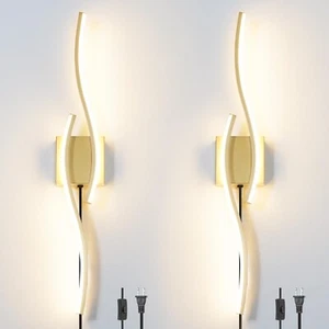 Modern Gold Plug in Wall Sconce Set of 2, Indoor Dimmable Light Fixture with ... - Picture 1 of 7