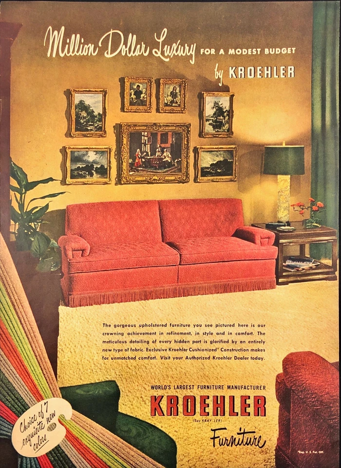 1949 Krohehler Furniture Vintage Print Ad Million Dollar Luxury Couch - Image 1 of 1