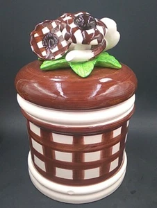 Vintage 70er MCM Keramik kariert fröhlicher Pilz kleiner Kanister 9,75" mit Deckel SIEHE BESCHREIBUNG - Bild 1 von 15