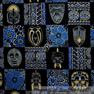 BonEful Fabric FQ Cotton Quilt Black Blue Gold African Lady Flower Block Animal - Picture 1 of 11