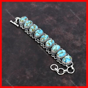925 Sterling Silver Oval Natural Copper Blue Turquoise Chain Vintage Bracelet - Picture 1 of 6