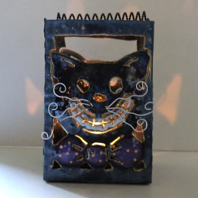 Halloween Smiley Cat Lantern bats metal pillar candle Home Decor square - Image 1 of 4