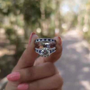 2Ct Lab Created Sapphire & Diamond Wedding Bridal Ring Set 14K White Gold Plated - Picture 1 of 5