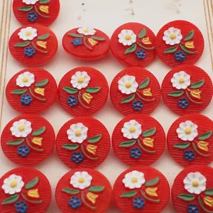 Card (18) Czech vintage hand painted flower red glass buttons 18mm - Picture 1 of 3