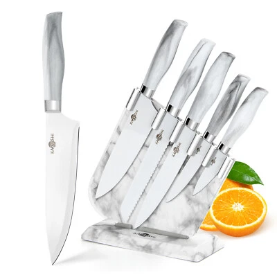 6-teilig Profi Messerset mit Block Weiß Kochmesser Set mit Messerhalter Antihaft - Bild 1 von 4