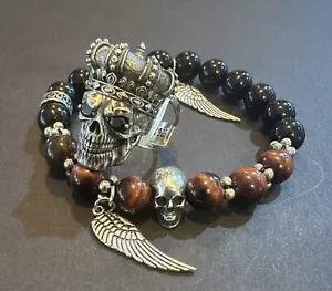 Ring 925 sterling silver skull And Bracelet Onyx Red Tiger Set - Picture 1 of 12