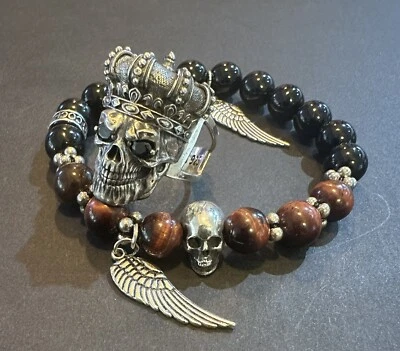 Anillo Plata Esterlina 925 Calavera Y Pulsera Ónix Tigre Rojo Conjunto Foto 1 de 4