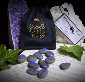 Rune Stones Egyptian Oracle Wicca Pagan Witchcraft Divination Scarab Bag - Picture 1 of 6