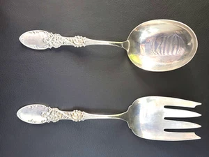 Ornate Alvin Sterling Silver Salad Serving Fork & Spoon No Mono Circa 1886 - Picture 1 of 8