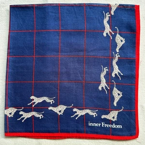 Vintage Mens Handkerchief Blue Cotton Red Check Border Leopard Pocket Square 16" - Picture 1 of 3