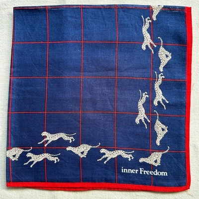 Vintage Mens Handkerchief Blue Cotton Red Check Border Leopard Pocket Square 16" - Image 1 of 3