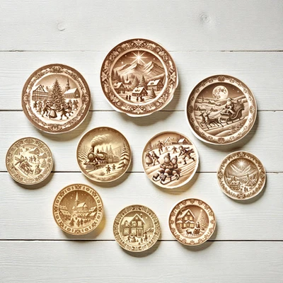 Miniature Vintage Christmas Plates Set Brown Ceramic Dollhouse Decor 1:12 - Image 1 of 2