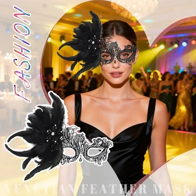 Máscara Veneciana Pluma Mascarada Mujeres Juegos con disfraces Fiesta Halloween Máscara de Mardi Gras Foto 1 de 4