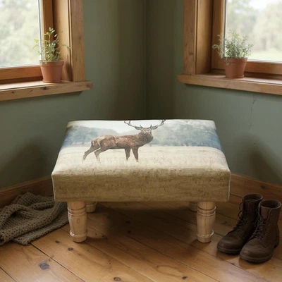 40cm Stag Print Linen Footstool Rectangular Foam Padded Sturdy Cottage Style - Image 1 of 4