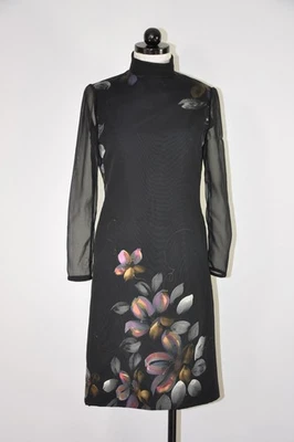 60-х годов винтажный черный вручную цветочный чистый шифоновое рукав Shift платье женщин S - Изображение 1 из 4