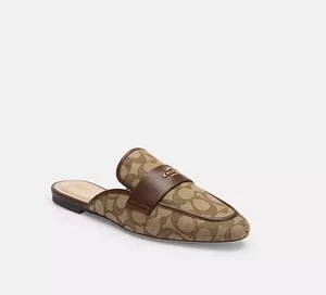 Coach Samie Slide-On Mule Flat Women's Size 7 Khaki Leather Signature Jacquard - Picture 1 of 4