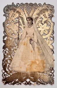 Antigua TARJETA SAGRADA Vintage Canivet Encaje Repujado 1ª Comunión Niña Tela Plateada - Imagen 1 de 3