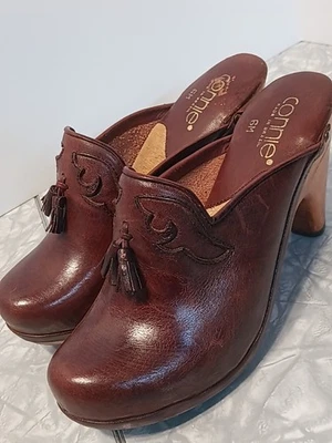 Zuecos de madera de cuero hechos a mano vintage de los años 70 Connie Rowdy zapatos para mujer talla 6” Foto 1 de 4