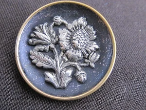 Antique Brass Back Concave Button w/Pewter Flowers Floral - Picture 1 of 8