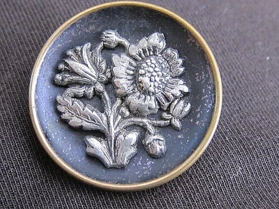 Antique Brass Back Concave Button w/Pewter Flowers Floral - Image 1 of 4