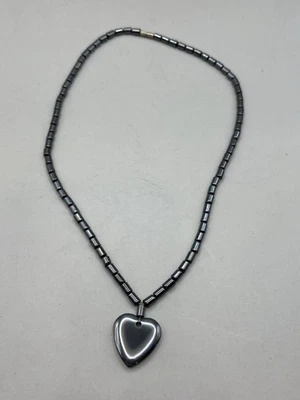 Vintage Hematite Pendant Necklace Heart Shape Beads Silver Tone Barrel Clasp - Image 1 of 4