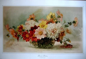art print~BOWL OF DAHLIAS~Paul deLongpre Victorian flowers floral vtg repr 26x18 - Picture 1 of 1