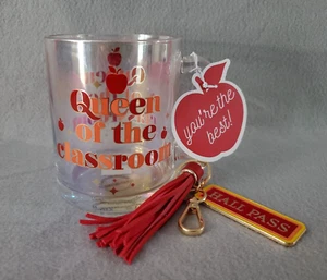 Queen of the Classroom Glass Cup Sheffield Home Mug hall pass keychain & tassel - Imagen 1 de 13