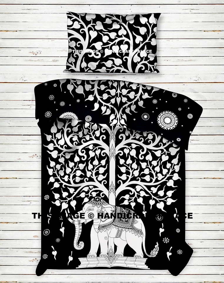 ELEPHANT TREE OF LIFE PRINTED TWIN TAPESTRY BEDSPREAD INDIAN BLACK BEDSHEET SET - Image 1 of 2