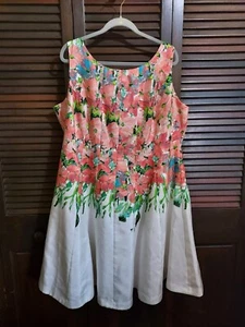 Julian Taylor Floral Coral Green White Lined Zippered Floral Dress Sz 18W - Picture 1 of 6