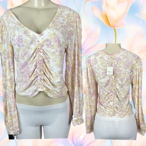 Free People L Eggshell-Lilac Printed V-Neck Ruched Front Long Sleeve Crop Top - Picture 1 of 6