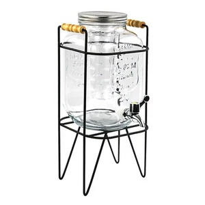 4L Glass Vintage Beverage Drinks Dispenser on Metal Stand Cocktail Jar with Tap - Picture 1 of 11