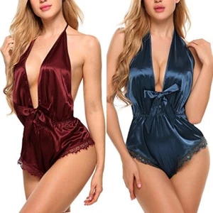 Mujeres Sin Mangas Cuello en V Halter Mono Mameluco Mono Body Prendas para dormir Noche - Imagen 1 de 21