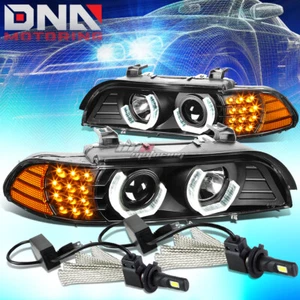 BLACK 3D HALO HEADLIGHT+LED CORNER+6000K WHITE LED SYSTEM FIT 96-03 E39 5-SERIES - Picture 1 of 12