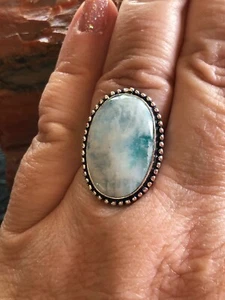 Deep Blue Flash Iridescent Moonstone Oval Ring Size 7.5 Droplet Bezel Artisan - Picture 1 of 3