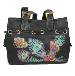 Anuschka Leather Black Hobo Shoulder Handbag Hand Painted Feathers Art,Vintage  - Picture 1 of 10
