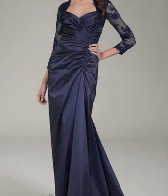 TADASHI SHOJI 深蓝色垂褶缎面蕾丝礼服连衣裙 10 码 - 优雅! — 第 1/4 张图片