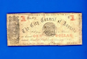 1862 $1 The City Council of Augusta, GEORGIA RARE CIVIL WAR  NOTE REVERSE PRINT - Picture 1 of 2