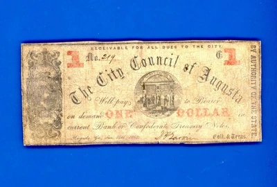 1862 $1 The City Council of Augusta, GEORGIA RARE CIVIL WAR  NOTE REVERSE PRINT - Image 1 of 2