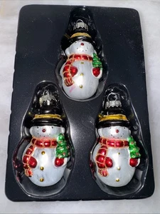 Set Of 3 Vintage Glass Snowman Christmas Ornaments In Box Handblown Handpainted - Picture 1 of 13
